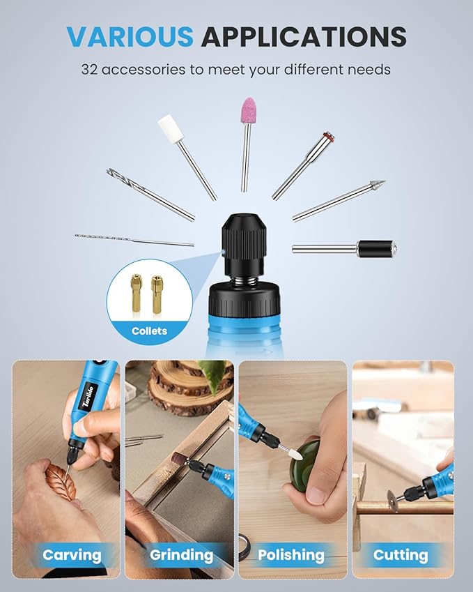 Cordless Rotary Tool Kit, 3.7V 2.0Ah Rechargeable Battery, 18000RPM 5-Speed Multi Power Carving Tools, 31Pcs Accessories, Engraving, Sanding, Grinding, Polishing, Carving, Etching, DIY-Blue 