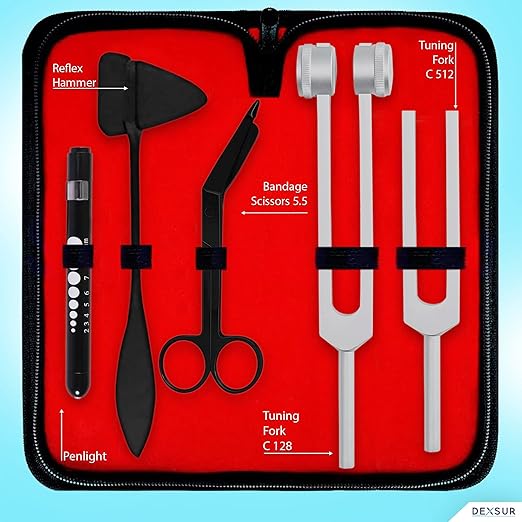 Diagnostics Kit - Percussion Taylor Reflex Hammer + C 128 & C 512 Tuning Forks + Bandage Scissors + Pupil Gauge Pen Light in Carrying Case - 6 Pieces Set - Black & Silver