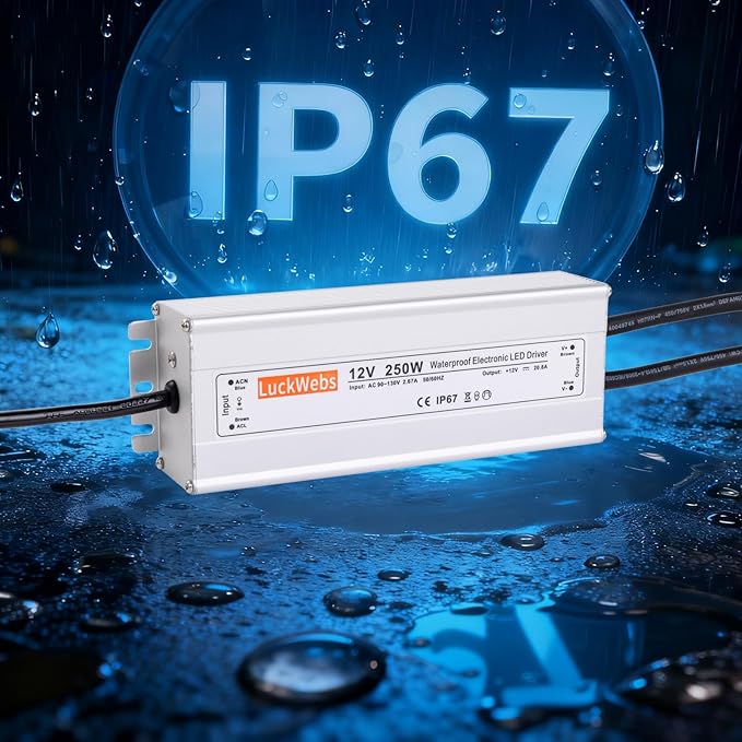 LED Driver 12V250W Waterproof Power Supply AC 90-130V to DC 12V20.8A Low-Voltage Transformer IP67 Converter Suitable for Indoor Outdoor 12 Series LED Strip Lights