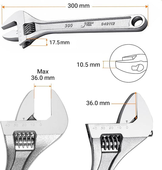 Jetech 12-Inch Adjustable Wrench - Professional Heavy Duty Chrome Vanadium Steel Shifter Spanner with Inch/Metric Scale Wide Caliber Opening