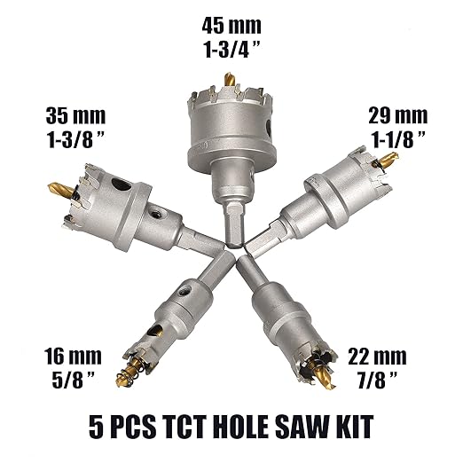 Mollom 5Pcs (16-45mm) TCT Carbide Hole Saw Kit for Hard Metal, 5Pcs Hole Cutters with 3Pcs Extra Pilot Drill bits and 1Pcs Hex Key for Stainless Steel, Iron,Aluminum,Alloy,Metal