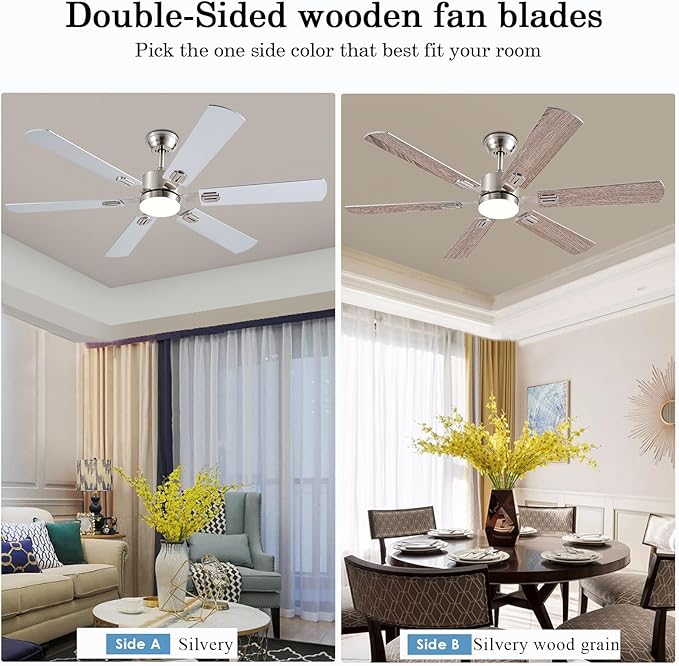 56inch Ceiling Fans with Lights and Remote/App Control, Dimmable LED, Reversible DC Motor, Noiseless, 6 Double-Side blades, 6 Speeds Low Profile Ceiling Fan for Indoor/Outdoor Use( Nickel)
