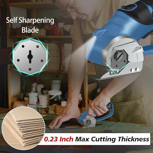 Cordless Electric Scissors, 4V Rechargeable Box Cutter & Cardboard Cutter with Titanium Blade, LED Light, Safety Lock - Rotary Cutter for Fabric, Leather, Carpet, Plastic, Crafting, Sewing(Slate Blue)