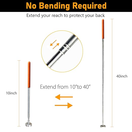 Telescoping Magnetic Sweeper Pickup Tool, 40” Extendable Magnet Stick with 35 LB Pull Capacity, Strong Handheld Magnet Pick up Tool for Retrieving Nails, Screws and Metal Objects, Orange