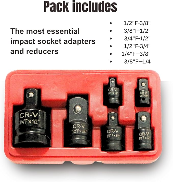 6-Piece Impact Socket Adapter and Reducer Set, Heavy-Duty CR-V Steel竊?/2" 3/8" 1/4" Drive Set竊똅or Impact Wrench & Ratchets Mechanic Tools with Storage Case(6 Pcs)