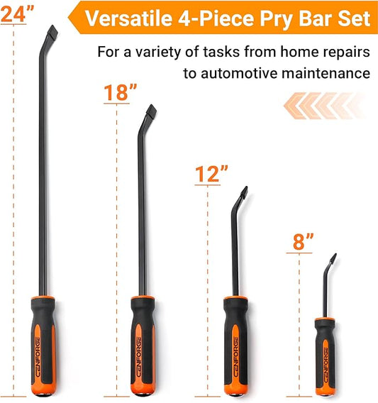 4-PC Pry Bar Set, Heavy Duty Pry Bar, Thicker Strike Cap Handle, Automotive and Mechanic Hand Tools