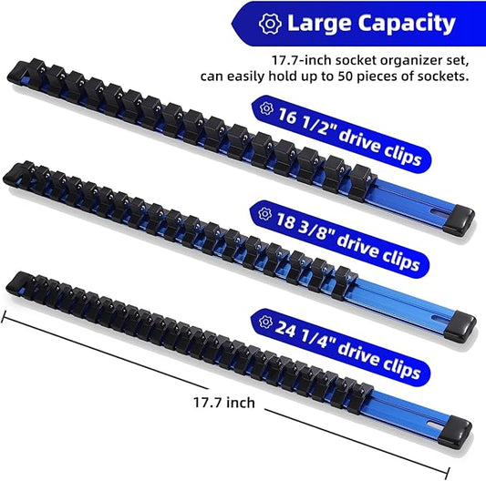 ALOANES 3-Piece Aluminum Alloy Socket Organizer, Heavy Duty Socket Racks, Socket Holder Kit for Toolbox Drawer Fit 1/2, 3/8, 1/4-Inch Socket Holder x 58 Clips (Blue)