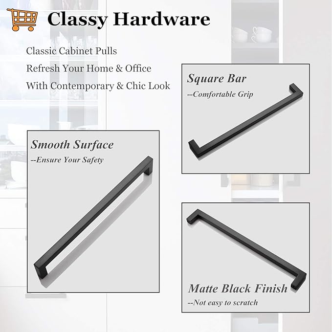 Probrico (20 Pack) Flat Black Square Kitchen Cabinet Pulls 8-4/5 Inch(224mm) Hole Center Modern Cabinet Hardware Stainless Steel Drawer Handles