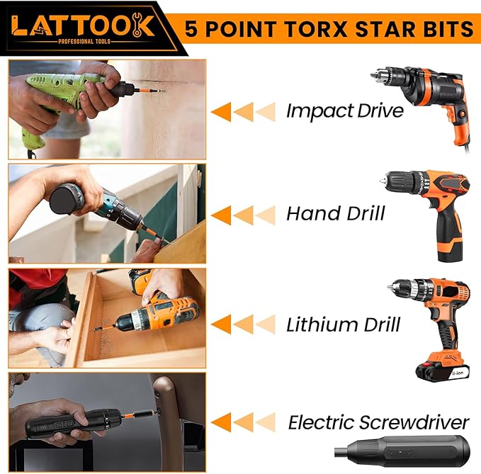 19-Pieces 5 Point Star Torx Bit Set, LATTOOK Security Tamper Proof Torx Driver Bit Set, Magnetic S2 Steel, 2.3'' & 1'' Long, T10, T15, T20, T25, T27, T30, T40, T45, T50