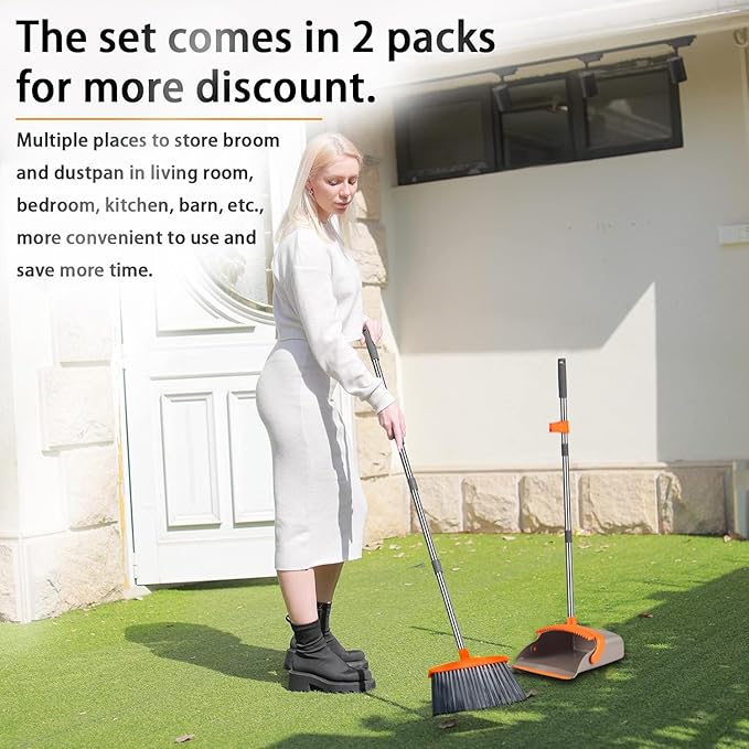 2-Pack is More economical竊똗pgraded Upright Broom and Dustpan Combo with 52" Long Handle, Dustpan Teeth with self-Cleaning Function, Indoor and Outdoor Sweeping, Perfect for Home Office.