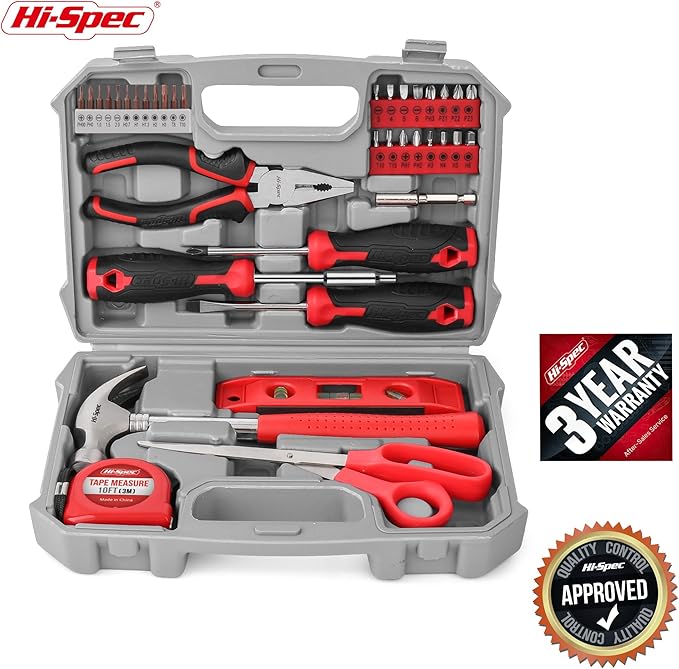Hi-Spec Tool Set Kit, Red Household First Tool Kit and Starter Tool Set for Home and Office, Compact Easy Carry Toolbox