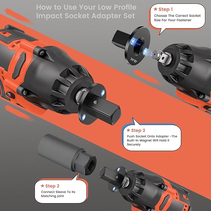4PCS Thin Wall Impact Adapter Set ??Made of Cr-Mo steel, includes 3/4"-1", 1/2"-3/4", 1/2"-3/8", 1/4"-3/8". Magnetic compact design, ideal for tight spaces and ratchet drives.