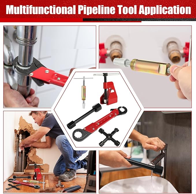 Lanties 5 Pcs Angle Stop Wrench Kit Plumbing Tool, Compression Sleeve Puller for 1/2" Compression Fittings, Ferrule Puller Removal Tool for 1/2" Copper Tubing Nut, 4-way Multi-functional Utility Key