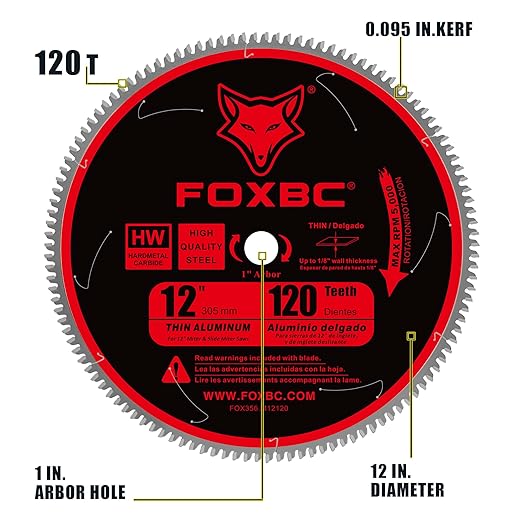 FOXBC 12 Inch Aluminum Cutting Saw Blade, 120T Tooth, TCG with 1-Inch Arbor