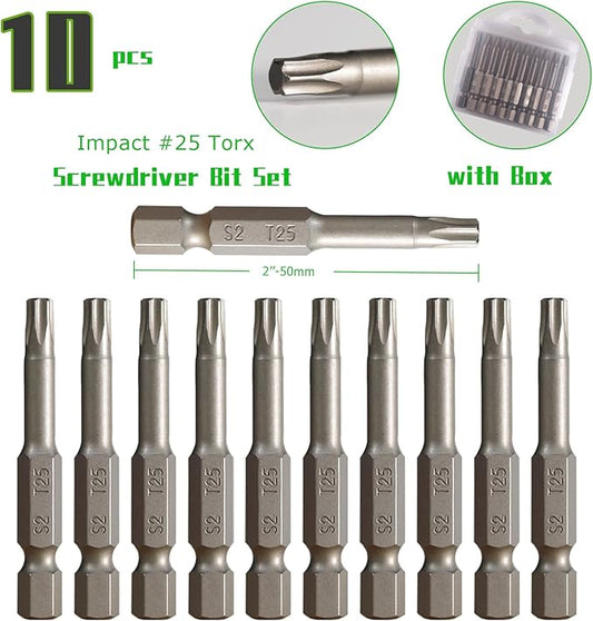 T25 Impact Screwdriver Bit Set, 10 Pieces 2?쒾2 Steel Magnetic #25 Torx Tips Power Driver Bit Set with Organizer Case