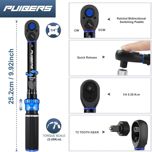 1/4 Inch Pound Torque Wrench, Bike Torque Wrench 1/4 3-25 NM/22.6-221.3 IN.LB竊똃ual-Direction Adjustable 72 Tooth Drive Small Newton Meter Wrenches for Bike, Motorcycle and Car Repair