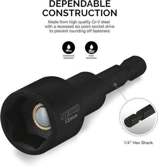 Neiko 10191A Impact Ready Magnetic Nut Driver | 6 Piece | MM | 8 to 14 mm | 2-9/16” Length | Cr-V, metric, Master Kit