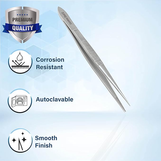 Stainless Steel High Precision Forceps with Fine Strong Straight Serrated Point to use Engineer Labware for Scientific Use (4.5 Inch)