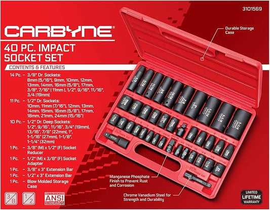 CARBYNE 40-Piece Impact Socket Set | SAE & Metric - Standard and Deep Sockets. 6-Point Design. Metric 8mm-32mm, SAE 3/8" to 1-1/4". Cr-V Steel, Corrosion Resistance, Durable Case | 3/8'' & 1/2'' Dr