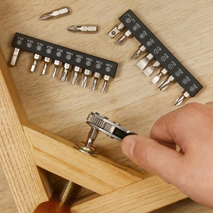 STREBITO Mini Ratchet Set, 22-Piece 1/4 Ratchet Right Angle Screwdriver, 36-Tooth Small Ratcheting Wrench Bit Ratchet For Tight Spaces, with Phillips, Slotted, Torx, Hex, Square and Adapter for Socket