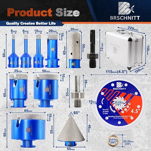 Diamond Core Drill Bit Set - BRSCHNITT Tile Hole Saw Kit 1/4" 5/16" 3/8" 4/5" 1-3/8"2" 2-1/2" & 4/5" Finger Bit & 2" Chamfer Bit for Porcelain Tile Ceramic Marble Granite & Diamond Blade