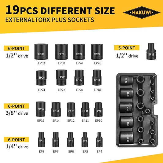 19-Piece External Torx Plus Socket Set, Ultimate Star Socket Set, 6 Point EP Socket 1/2'' 3/8'' 1/4'' Dr EP4-EP32,5 Point EP Socket 1/2'' EP8.8 Dr E-Torx Plus set, Compatible with Tesla