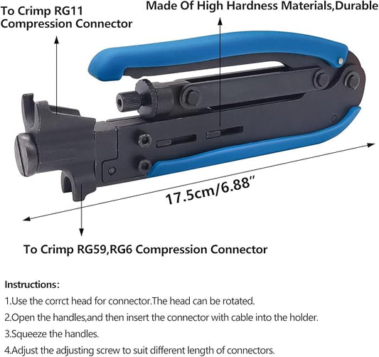 mxuteuk Coax Cable Crimper Kit Adjustable RG6 RG59 RG11 75-5 75-7 Coaxial Compression Tool Fitting Wire Stripper With 10 pcs F Compression Connectors