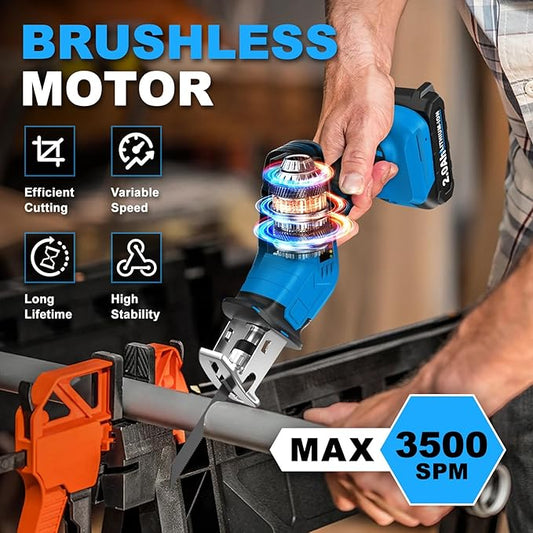 Cordless Reciprocating Saw, 3500 RPM Electric Saws with 4 Blades & 2 Batteries, Tool?멑ree Blade Change, Handheld Saw Lightweight, Battery Reciprocating Saws for Cutting Wood PVC Pipe (Blue)