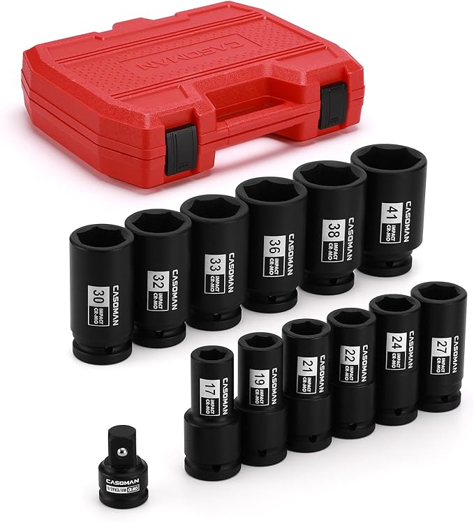 CASOMAN 3/4" Drive Deep Impact Socket Set, 13Piece Jumbo Socket Assortment, Metric(17mm to 41mm), 6-Point, Include 1/2" F to 3/4" M Adapter, CR-MO Steel