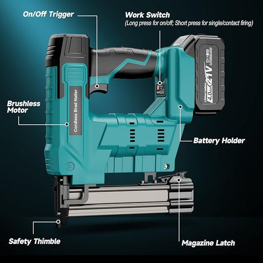 Cordless Brad Nailer, Nail Gun with 2Pcs 4.0Ah Battery, 18 Gauge 2 in 1 Electric Staple Guns Battery Powered for Upholstery & Carpentry, Include 1600Pcs Nails & Staples, Charger (Brad Nailer)