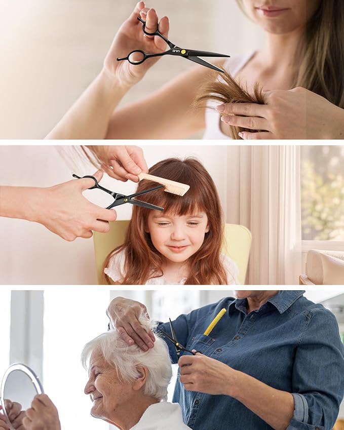 ULG Professional Hair Cutting Scissors Set ??6.5??Japanese Stainless Steel Barber Shears & Thinning Scissors with Comb, Clips & Case ??at-Home Salon Haircut Kit for Men, Women, Kids, Black