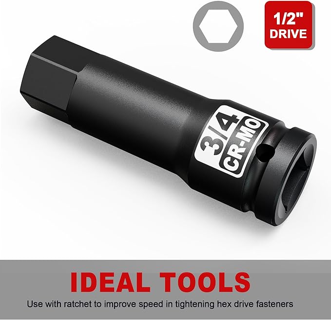 1/2" Drive H3/4-Inch Impact Hex Bit Socket, SAE Allen Bit Socket, Cr-Mo Steel, Removing Loosening Hexagon Bolts