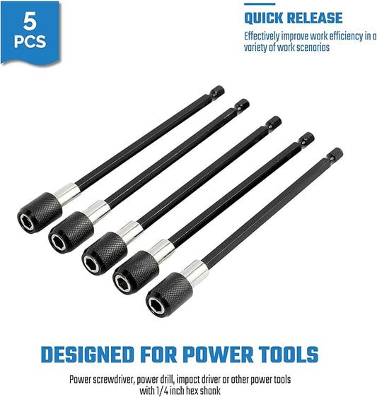 5PCS Drill Bit Extension Quick Release Screwdriver Bit Holder 6 inch Length 1/4 inch Hex Shank Drill Bit Extender Magnetic Bit Extension Adapter Set for Power Screwdriver Drill Impact Driver