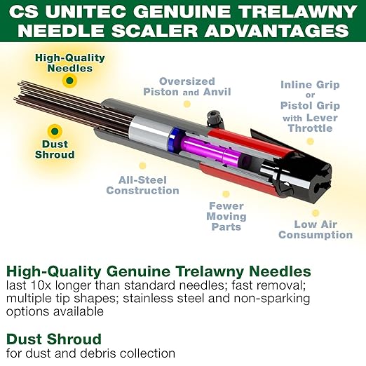CS Unitec | 2B Needle Scaler with Vacuum Shroud | 19 Needle Air Chisel | Professional Grade 3000 BPM Inline Grip | Air Power 5.5 CFM - 121.2099 VS