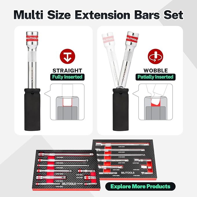 BILITOOLS Wobble Extension Set, 9 PCS 1/4", 3/8" and 1/2" Drive Ratchet Extension Set Flexible, Cr-V Steel