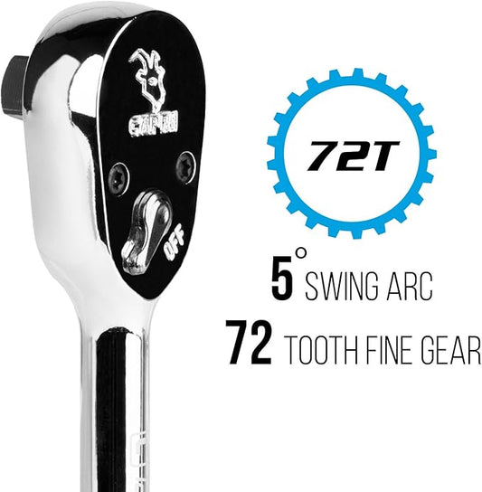 Capri Tools 1/2-Inch Drive Low Profile Ratchet, True 72-Tooth, 5-Degree Swing Arc