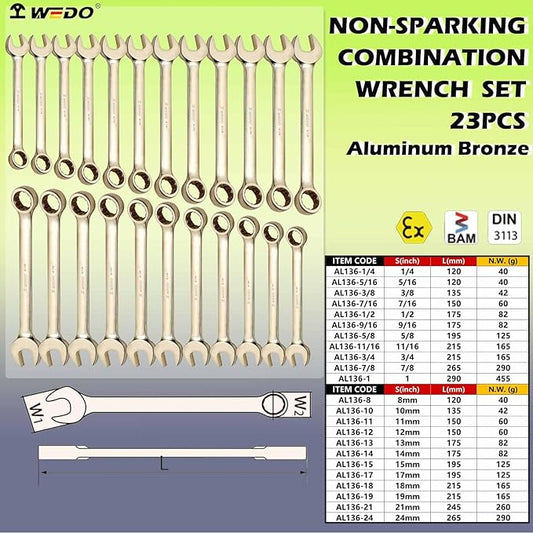 WEDO 23PCS Non-Sparking Combination Wrench Set,SAE 1/4" to 1",Metric 8mm to 24mm,12 Point Design,Aluminum Bronze,Corrosion-resistance,BAM&FM Certificate