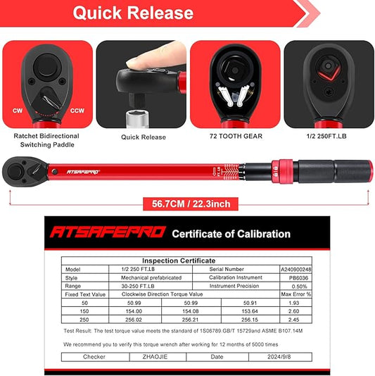 ATsafepro 1/2 Torque Wrench,1/2 Torque Wrench 30-250 Ft Lb(40.7-339.0 Nm) Dual scale,torque wrench 1/2 drive 250 ft-lb Pre-Calibrated Accuracy+-3% - Ideal for Automotive & Heavy Machinery Use