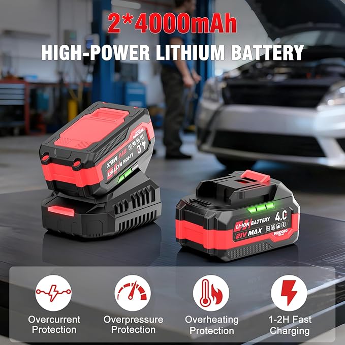 1500N.m (1100ft-lbs) Cordless Impact Wrench, 1/2 High Torque Brushless Impact Drill with 3500RPM Power, 2 x 4.0Ah Batteries, Fast Charger, Variable Speeds for Car/Truck RV/Mower (Red)