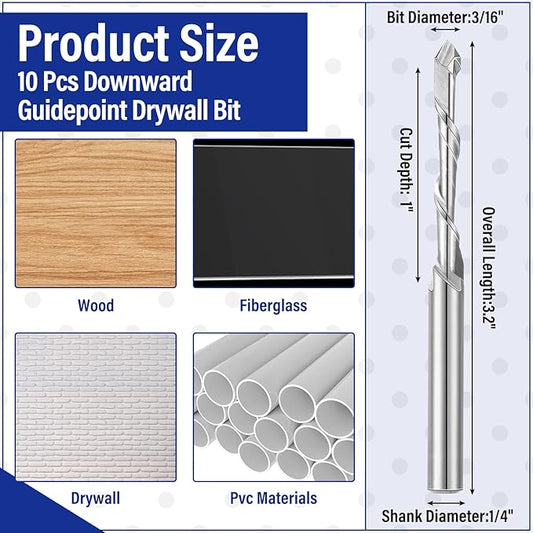Tondiamo 10 Pcs Drywall Router Bits 3/16 Drywall Drill Cutting Bits M2 Speed Steel Spiral Downward Router Cutout Rotary Guidepoint Drill Tool