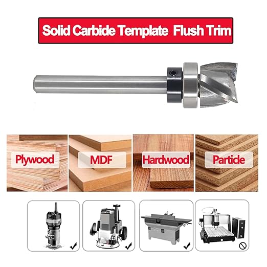 Spiral Flush Trim Router Bit 1/4 Shank, Up-Cut Carbide Head 3-Flute, 5/8" Diameter, 1/2" Cutting Length, Pattern Template Flush Trim Router Bit, for Grooves, Bottom Cleaning, Wood Trimming