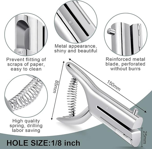 Chumia 1 Pcs Heavy Duty Hole Punch 2" Long Reach 1/8 Inch Paper Single One Hole Puncher Deep Throat Reduced Effort Hand Held Alloy Punch for ID PVC Cards 5 Inch Tall 25 Sheet Capacity