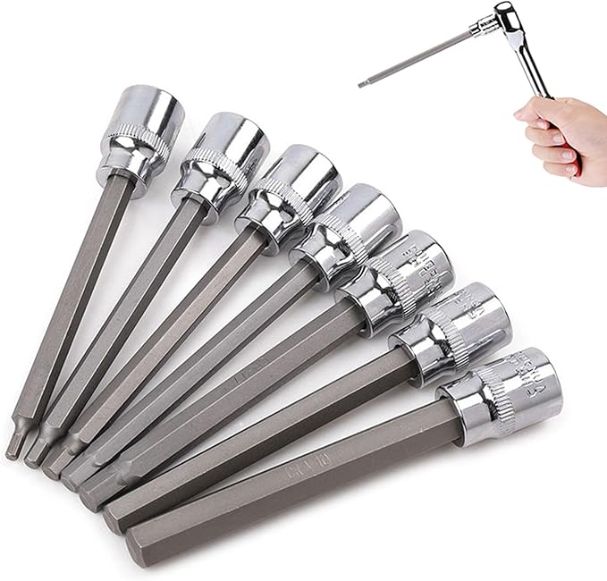 20PCS Extra Long Hex Bit Socket Set 3/8 Inch Drive | Standard SAE & Metric (1/8-Inch - 3/8-Inch, 3-12mm) | S2 Alloy Steel Allen Bits | Heavy Duty Cr-V Sockets Set