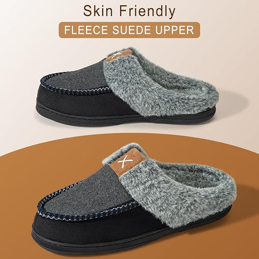 Homitem Mens Slippers Moccasins Memory Foam Fuzzy Slippers for Men Wool-Like Plush Fleece Lined House Shoes Indoor Outdoor Anti-Skid Rubber Sole Home Bedroom