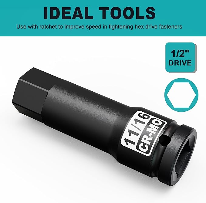 1/2" Drive H11/16-Inch Impact Hex Bit Socket, SAE Allen Bit Socket, Cr-Mo Steel, Removing Loosening Hexagon Bolts