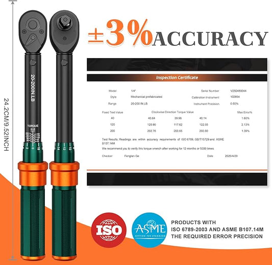 1/4-Inch Drive Click Torque Wrench, 20-200 In.Lb, 72-Tooth Dual-Direction Adjustable Small Inch Pound Torque Wrench, 짹3% High Precision for Bicycle, Small Equipment Repair