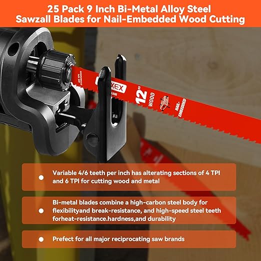 25 Pack 12 Inch 4/6 TPI Reciprocating Saw Blades for Wood and Nail-Embedded Wood Cutting, Bi-Metal Sawzall Blades for Cutting Nail and PVC Pallets etc, for Diablo Sawzall Blades DS1212BW25
