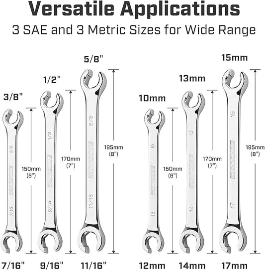 ironcube Flare Nut Wrench Set: 6-piece SAE & Metric Line Wrench Set for Removing or Replacing Nuts on Fuel, Brake or Air Conditioning Lines, Organizer Pouch Included