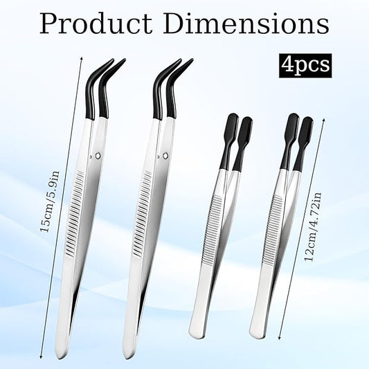 4 PCS Rubber Tipped Tweezers, PVC Coated Coated Flat and Bent Tweezers Precision Tweezer Set for Lab Industrial Crafts Stamps Beads Jewelry Coin Stamp Tongs (Black)