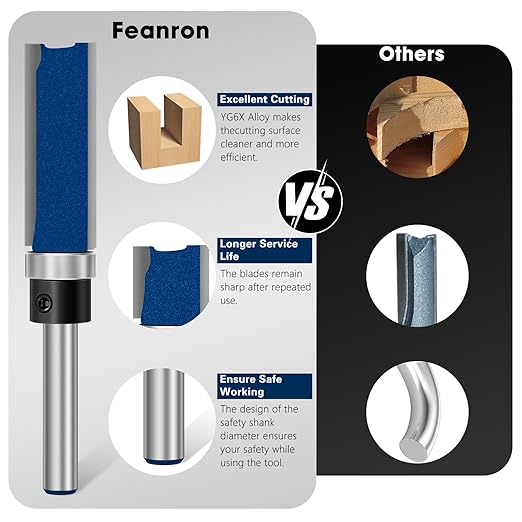 Feanron 4 Pcs Straight Cut Router Bits Flush Trim Router Bit Set 1/4 Inch Shank, Template Route Bit with Bearing Prevent Tear-Out, Durable Pattern Route Bit Milling Cutter for Woodworking (Blue)